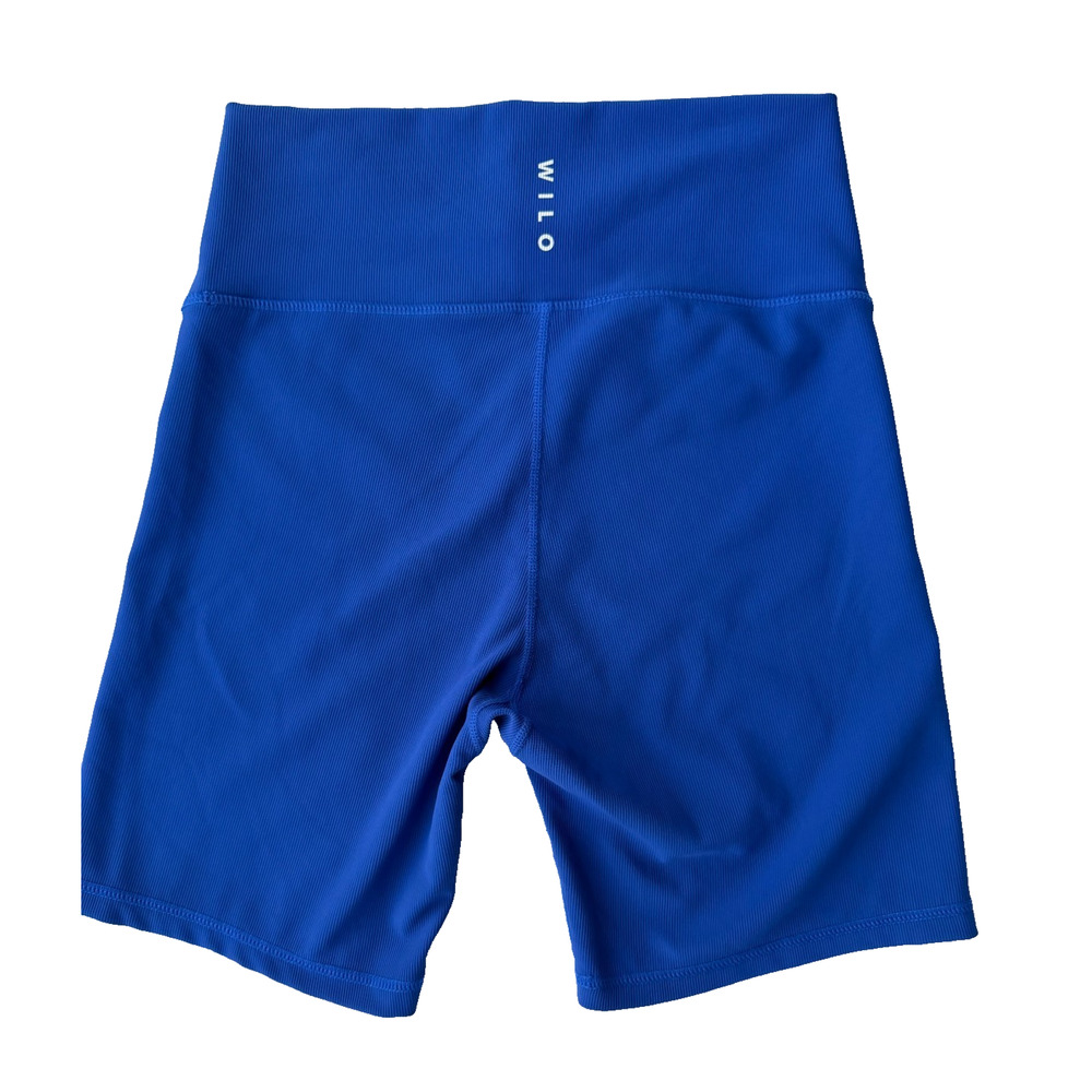 WILO Biker Yoga Gym Running Sporty Blue Ribbed Crossover V-waistband Shorts Sz L - Picture 4 of 9